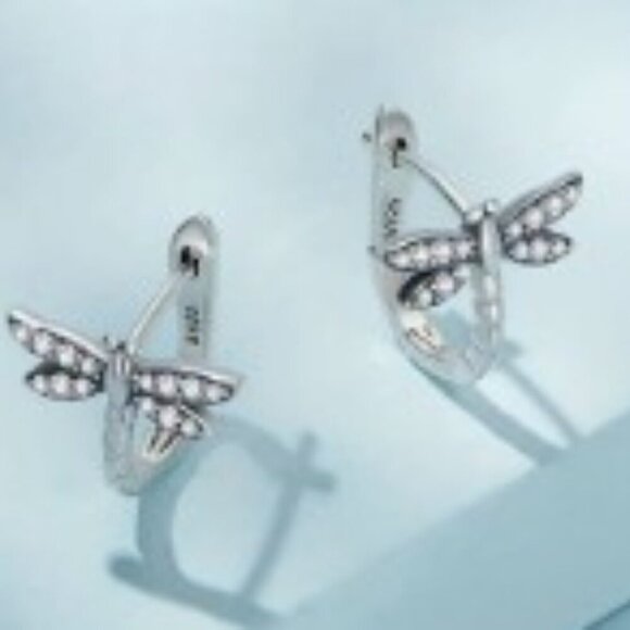 S925 Silver Hypoallergenic Earrings Dragonfly Pattern Shiny Zirconia Inlaid Hoop - Picture 5 of 11